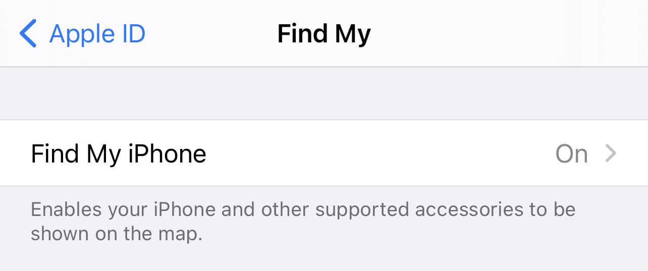 Find My iPhone / iPad -- Here, Find My iPhone is enabled