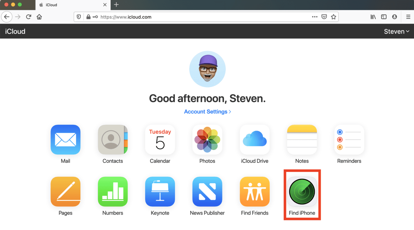 The Home Screen on iCloud.com