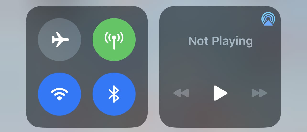 Control Center, showing Wi-Fi and Bluetooth are both enabled