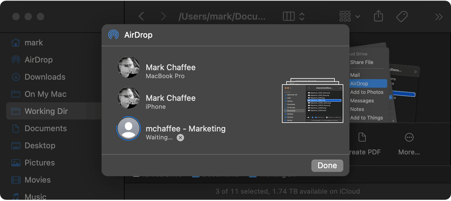 AirDrop dialog to select a device to send to