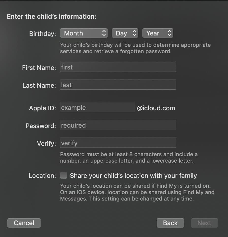 Enter your child's personal information