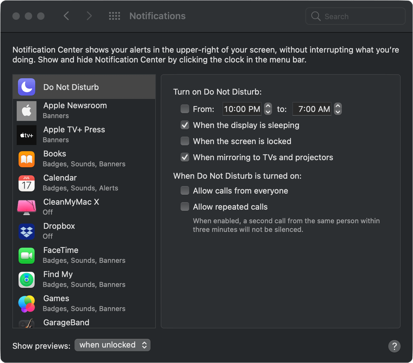 Notification Center Preferences in macOS Big Sur