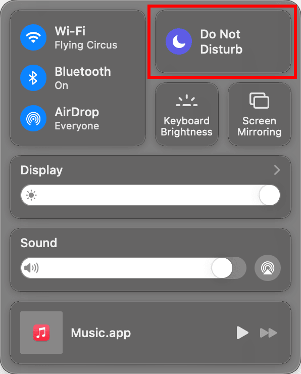 Big Sur Control Panel with Do Not Disturb Highlighted