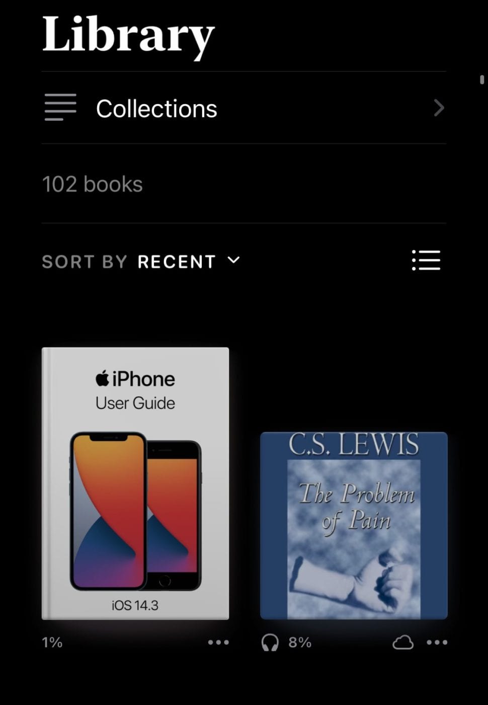 books app on iphone showing library