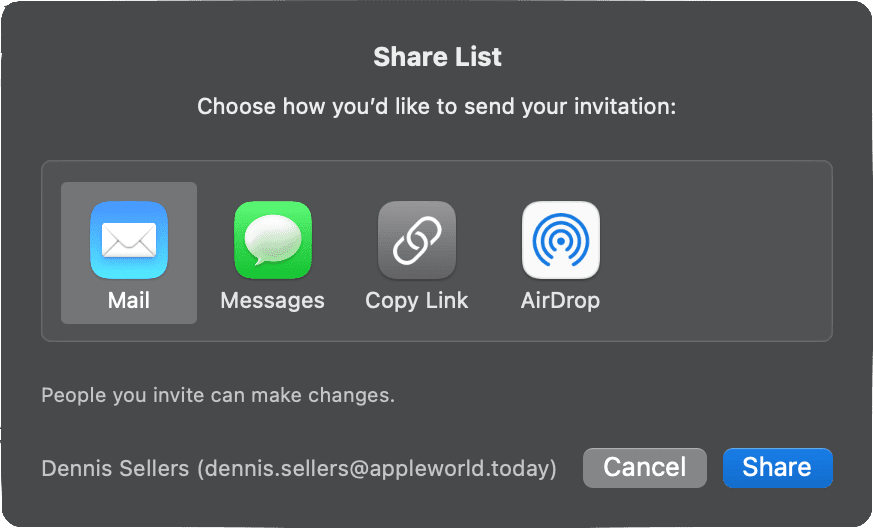 Sharing a list in macos reminders