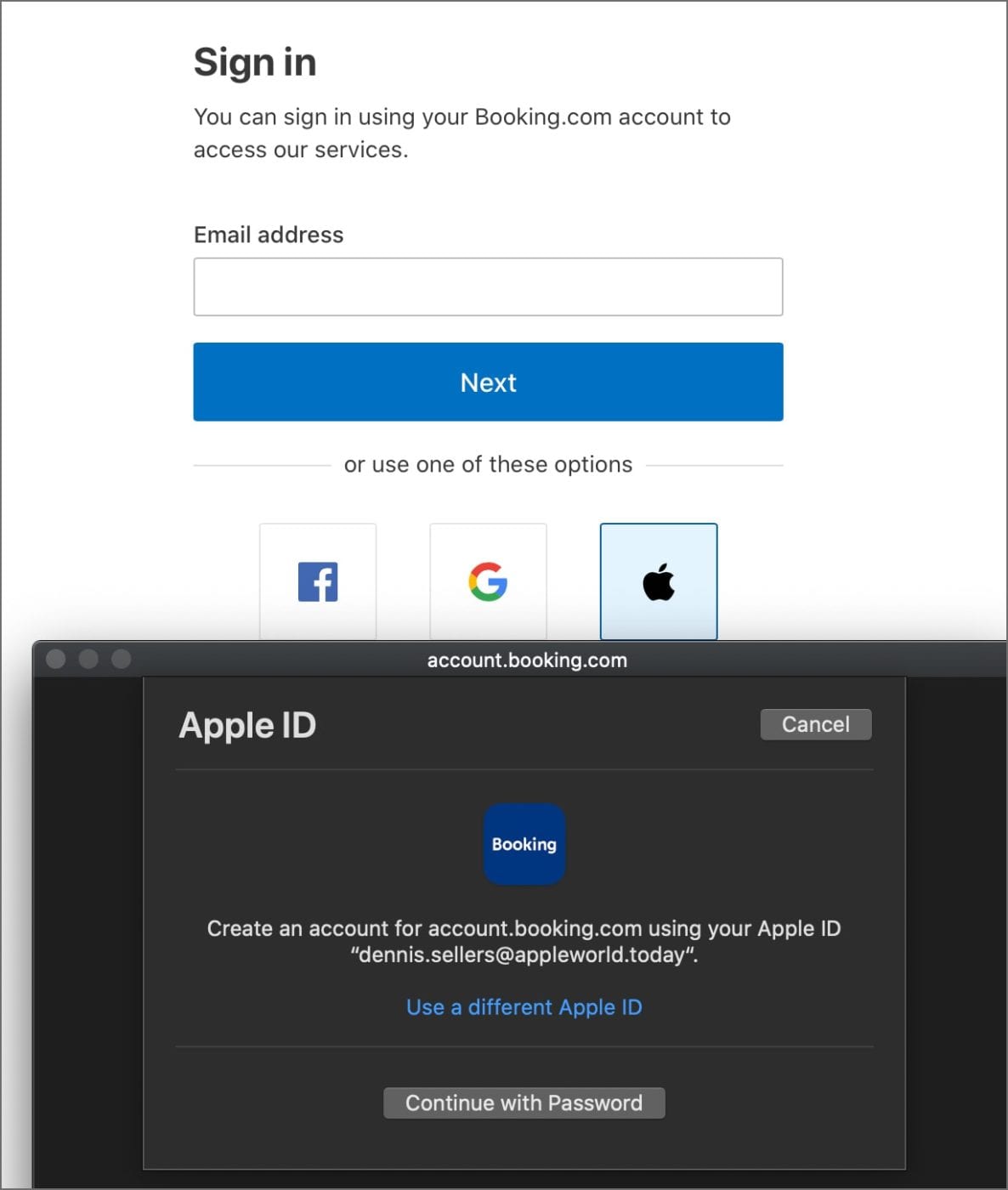 Screenshot showing Sign in with Apple ID on Booking.com