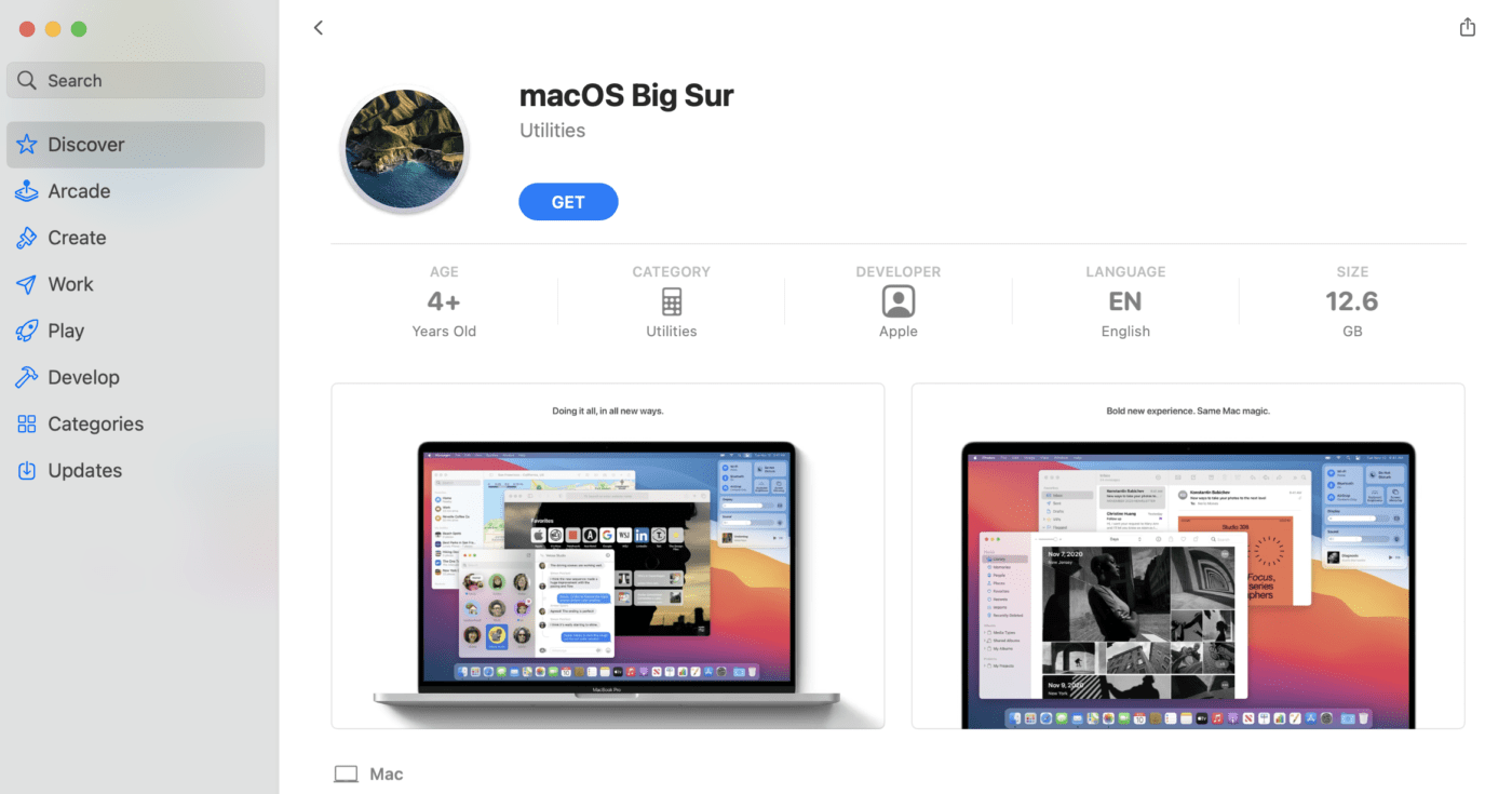 The macOS Big Sur download page in the Mac App Store