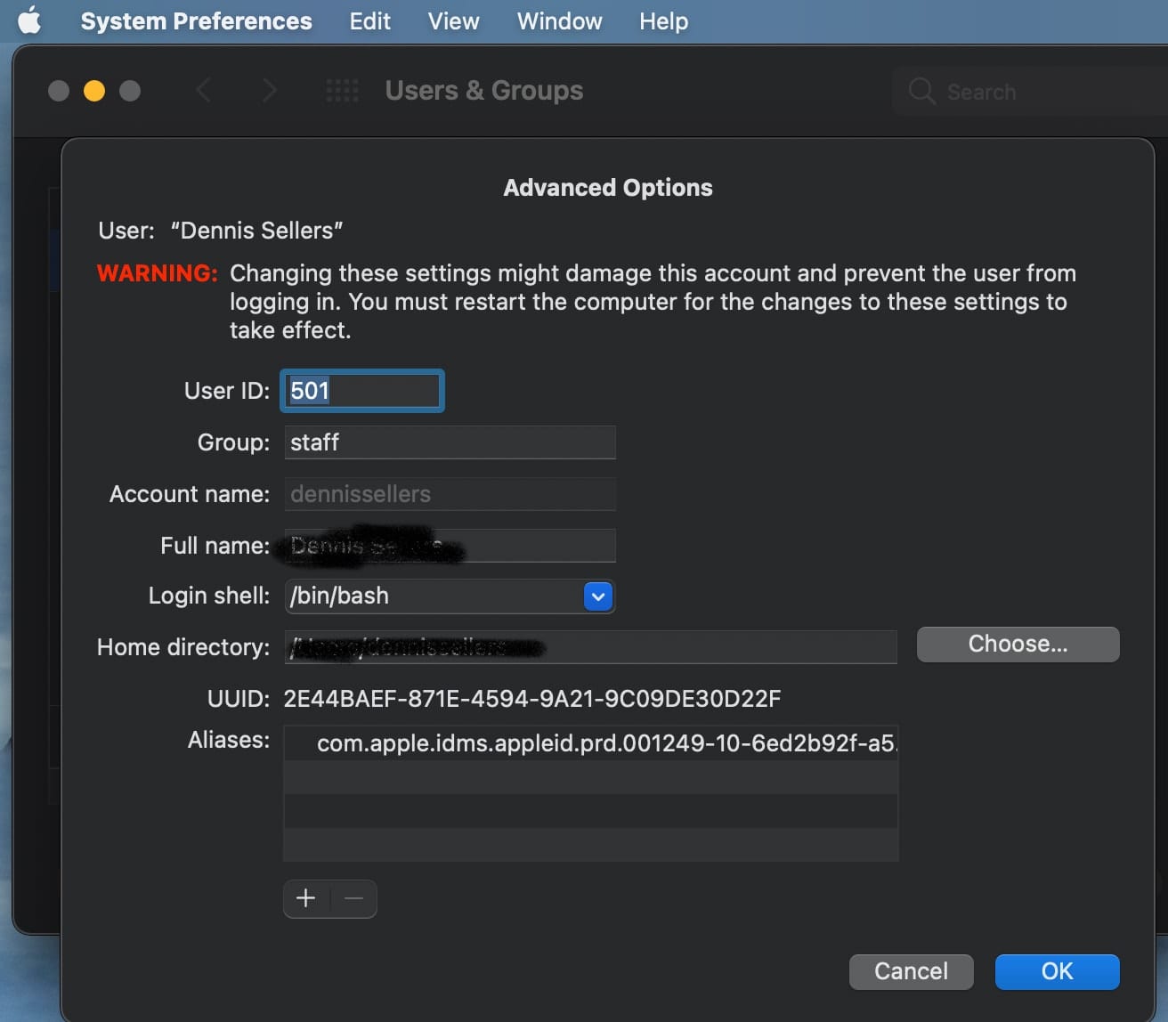 macOS Big Sur Account name Preferences – Advanced Options