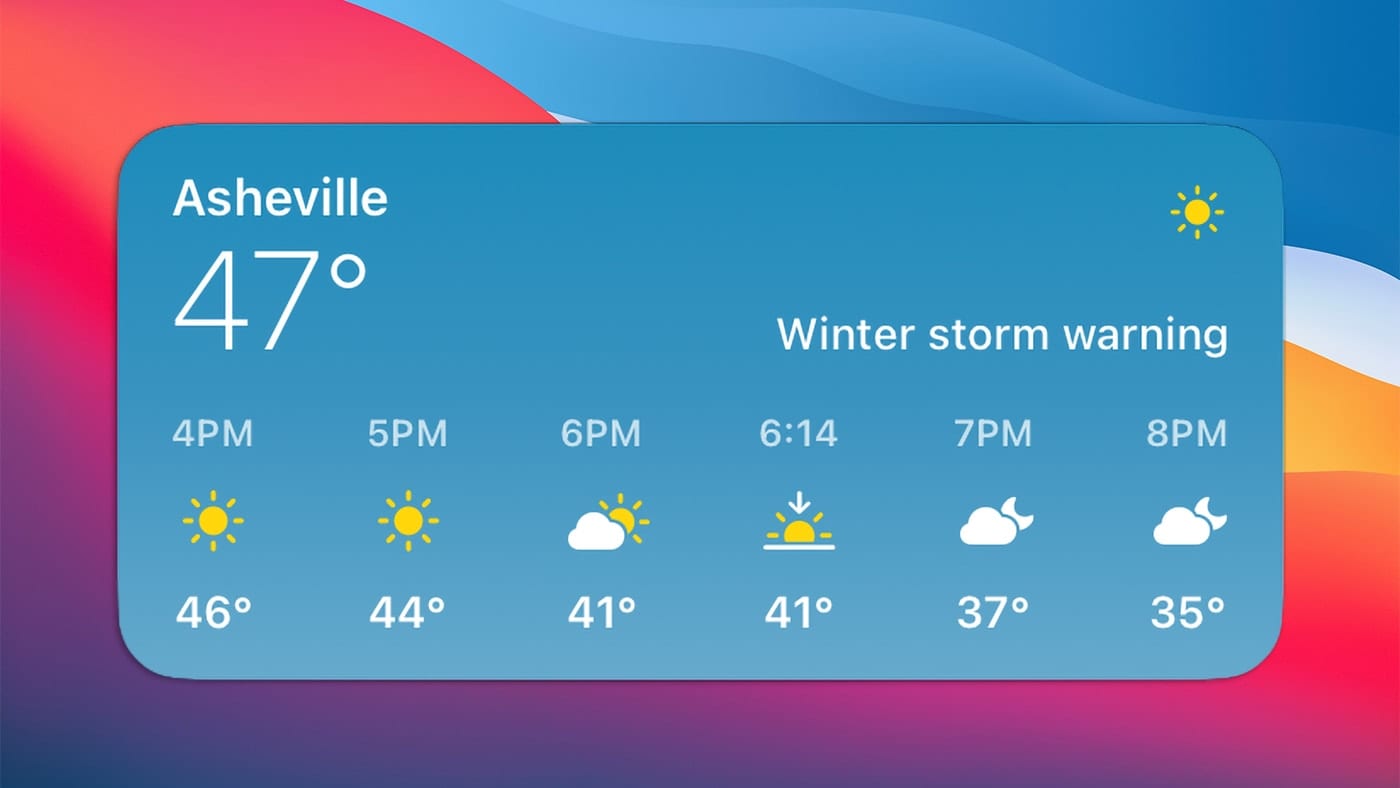 macOS Big Sur Weather Widget showing the 5-day forcast for Asheville, NC