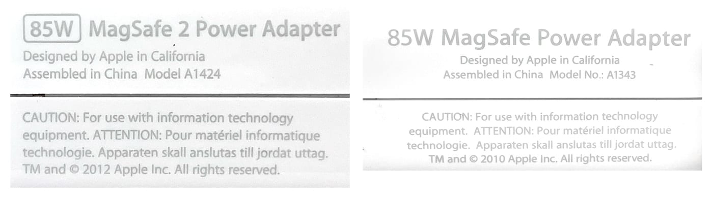 A genuine example of the text on an 85W magSafe 2 power adapter
