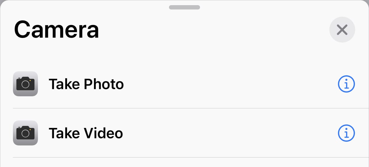 The two available Camera app actions are "Take Photo" and "Take Video"