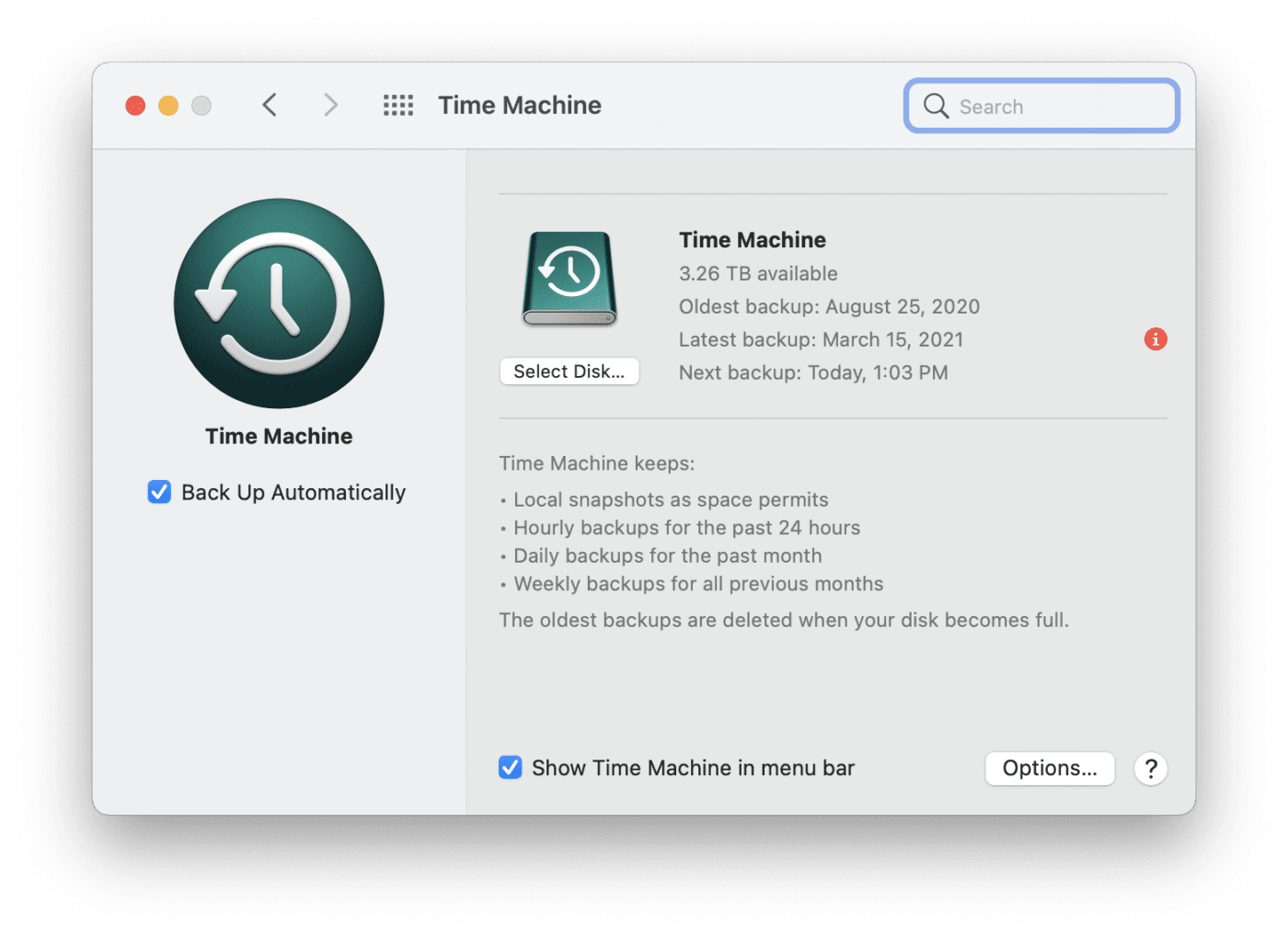 System Preferences > Time Machine