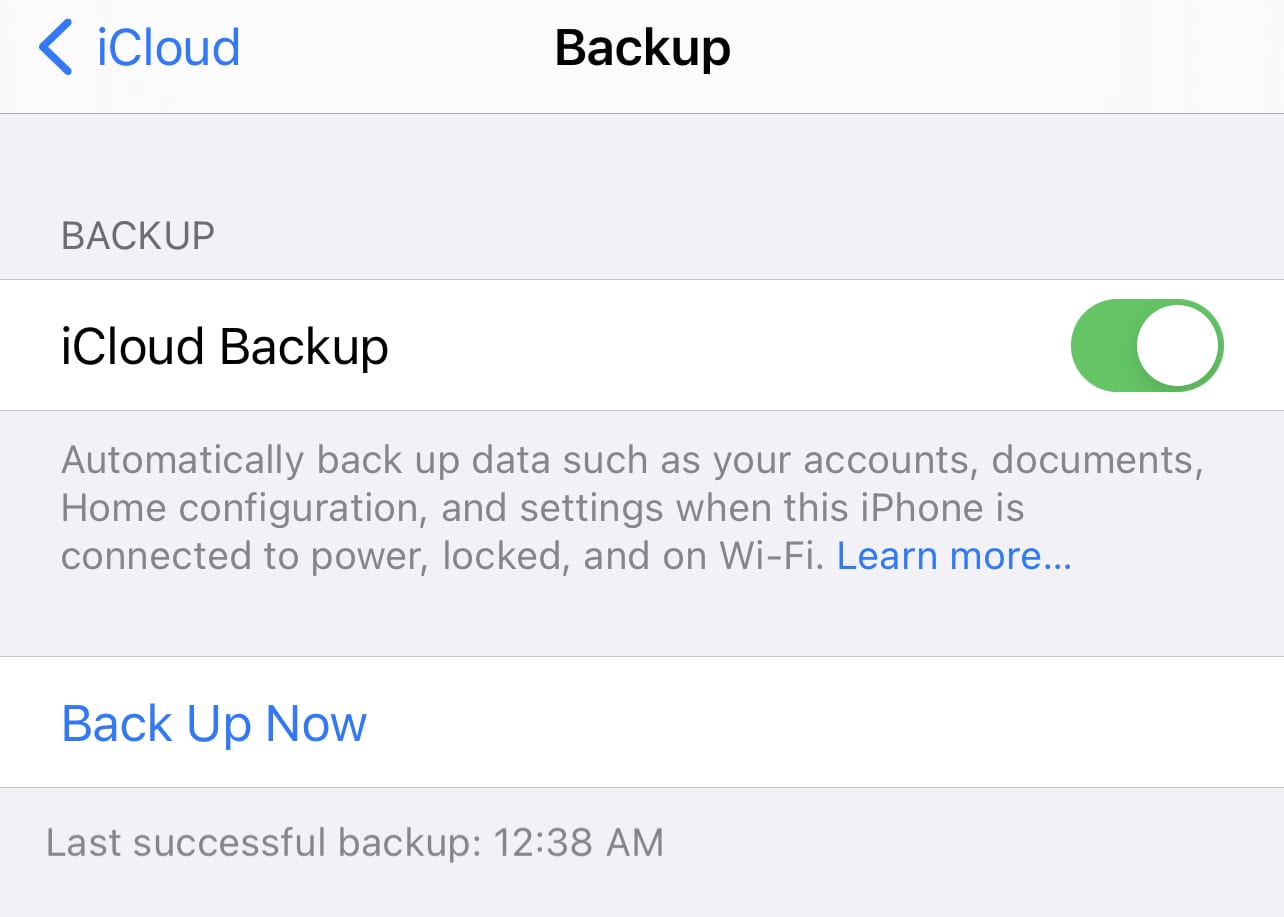 The iCloud Backup button is green, indicating that it is enabled