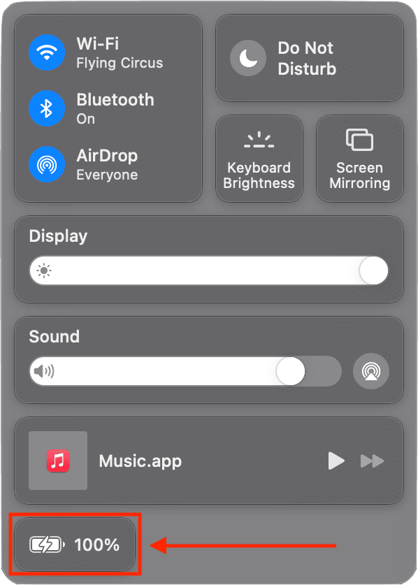 macOS Big Sur Control Center with battery level percentage indicator highlighted