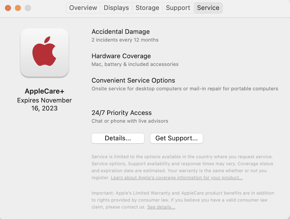 All of your AppleCare+ info is now in About This Mac, and the service plan can also be purchased in the app.