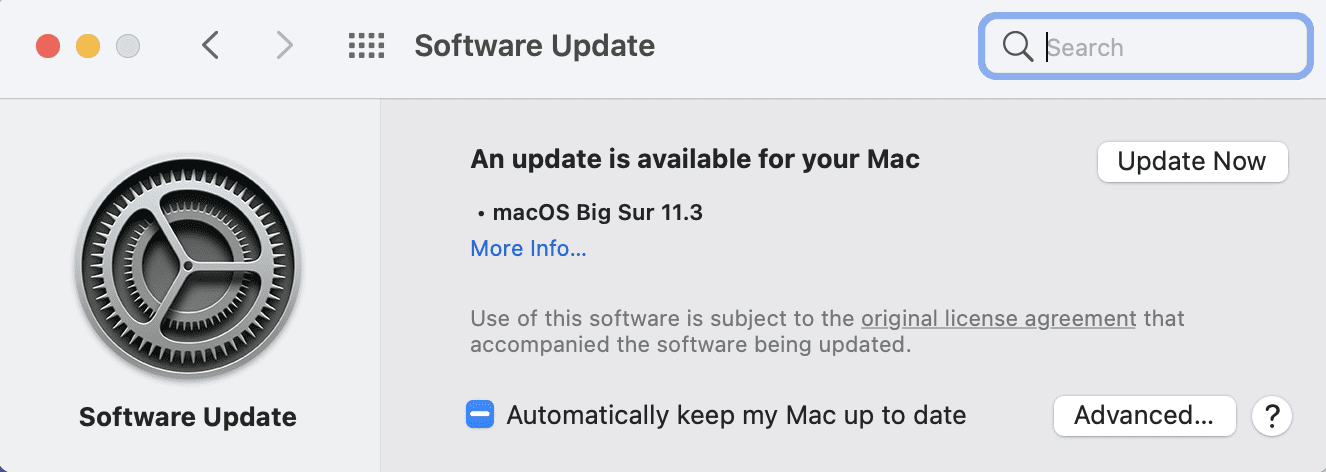 System Preferences > Software Update, showing macOS Big Sur 11.3