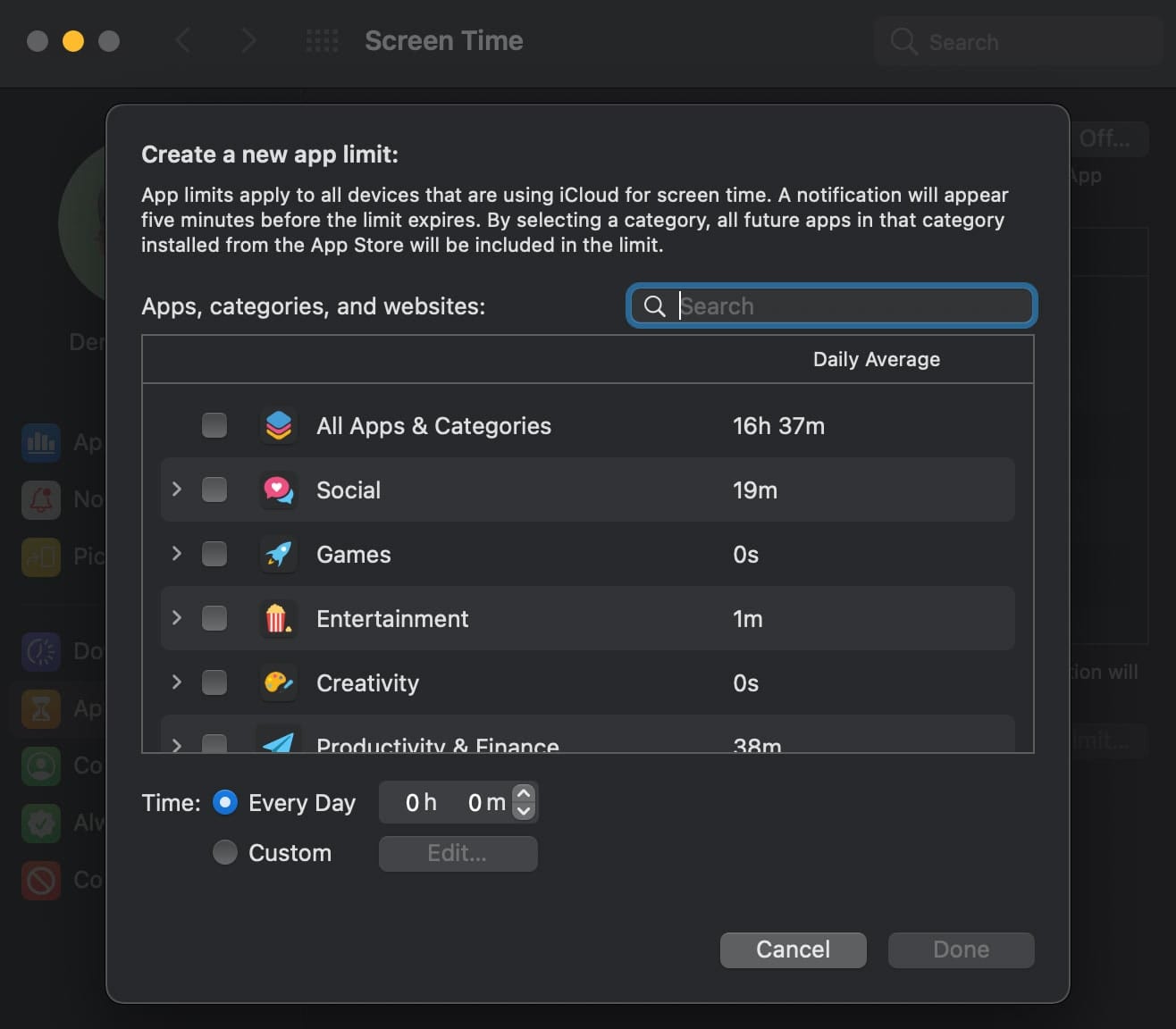 Create a new app limit in macos screen time