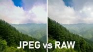 Image comparison of a mountain showing color difference between jpg and RAW