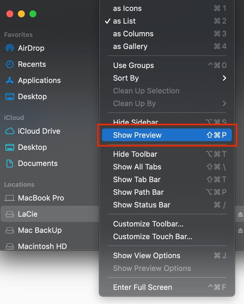 macOS show preview in finder menu