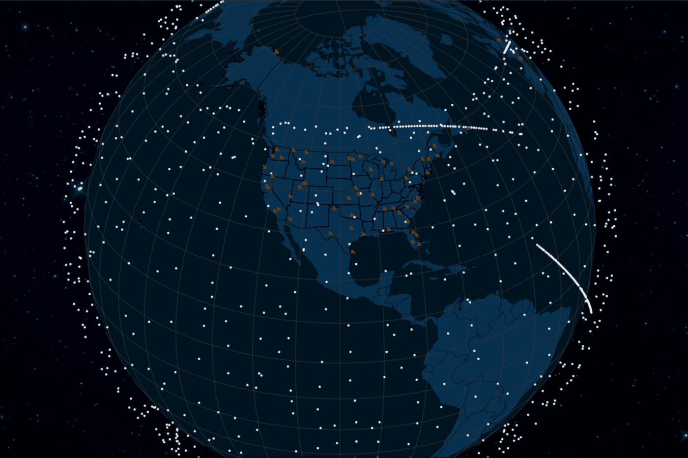 The Starlink Constellation on May 14, 2021, with several "trains" of newly launched satellites