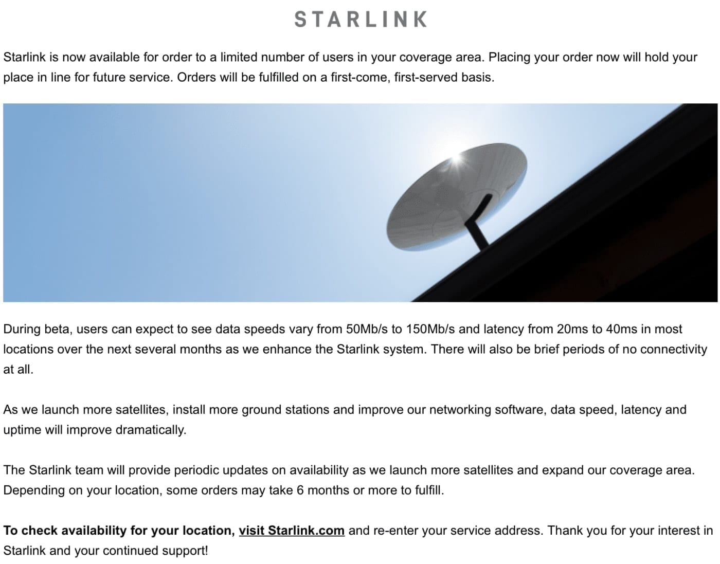 The email I received allowing me to order Starlink service (I didn't)