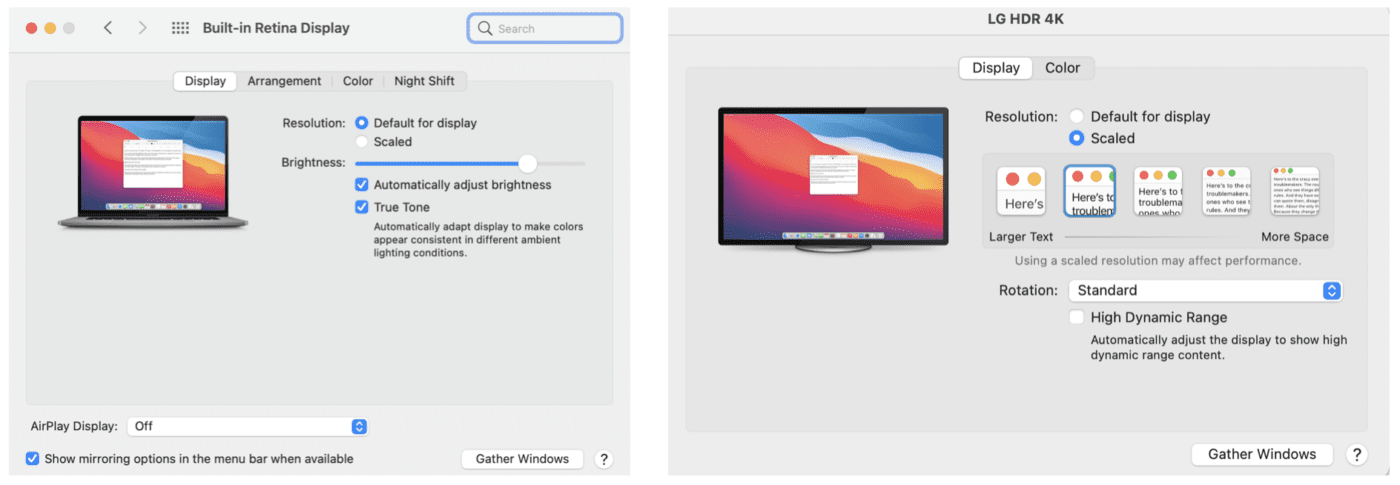 Each display attached to a Mac gets its own Display system preference panel