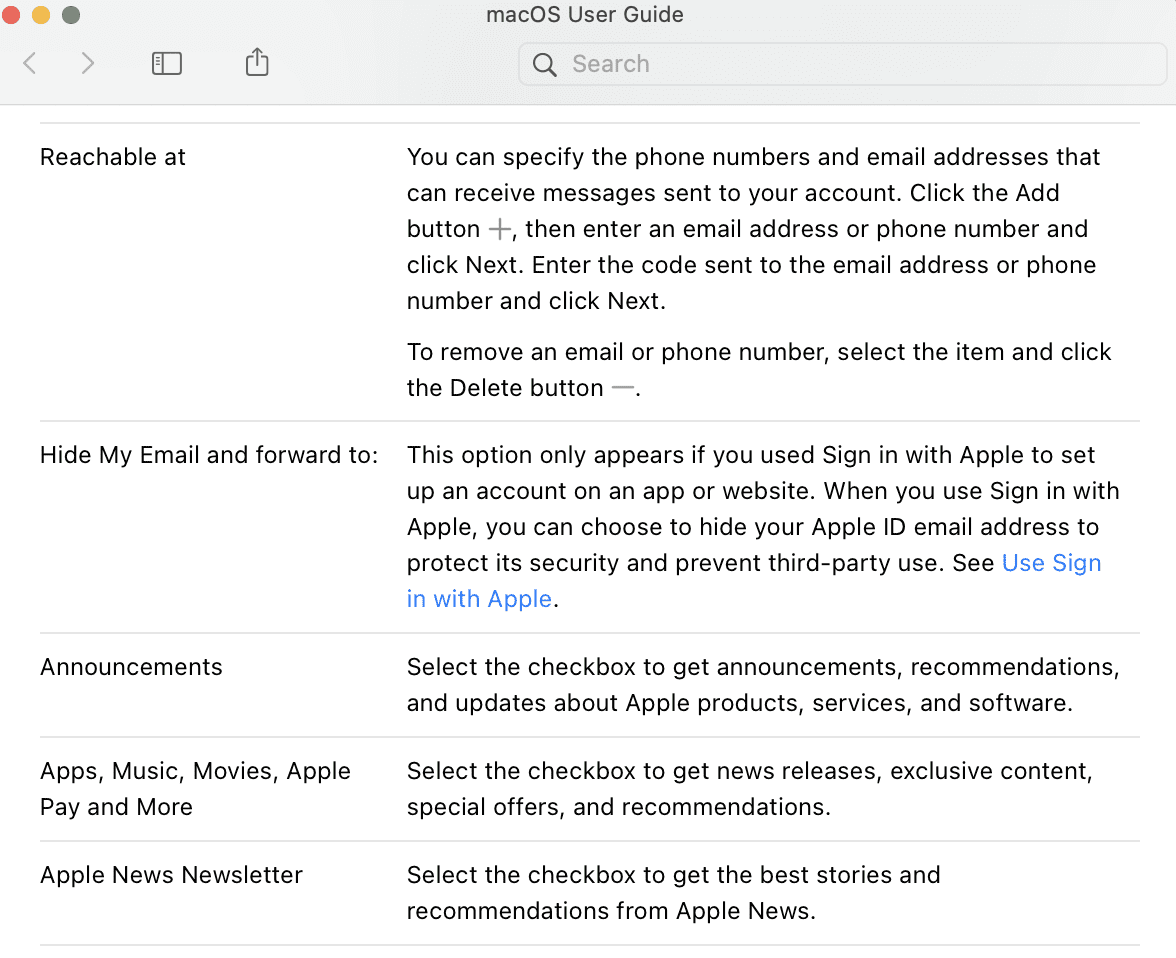 The macOS User Guide explains any System Preference with a click on the question mark button