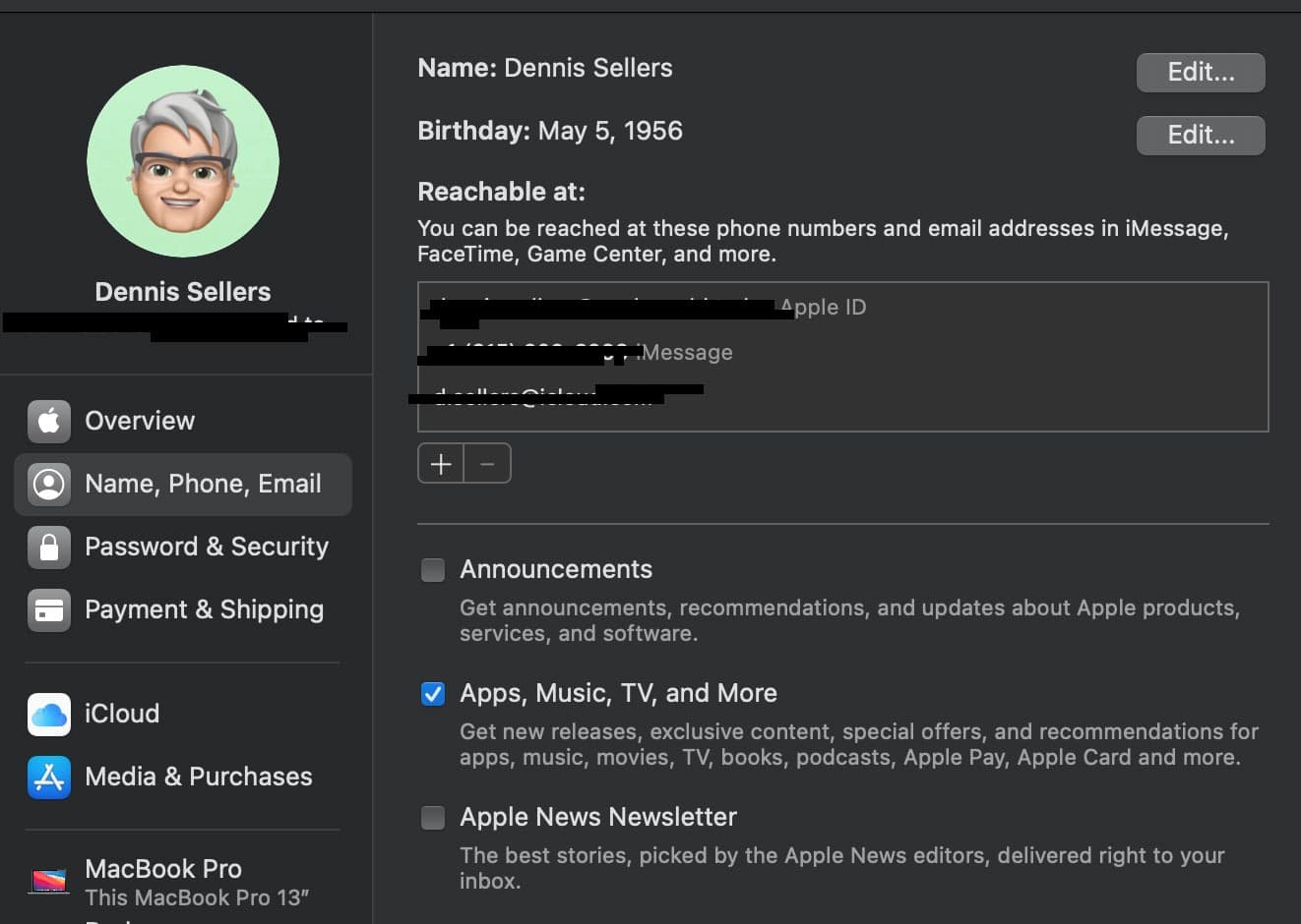 iCloud Name, Phone, Email options in Mac System Preferences