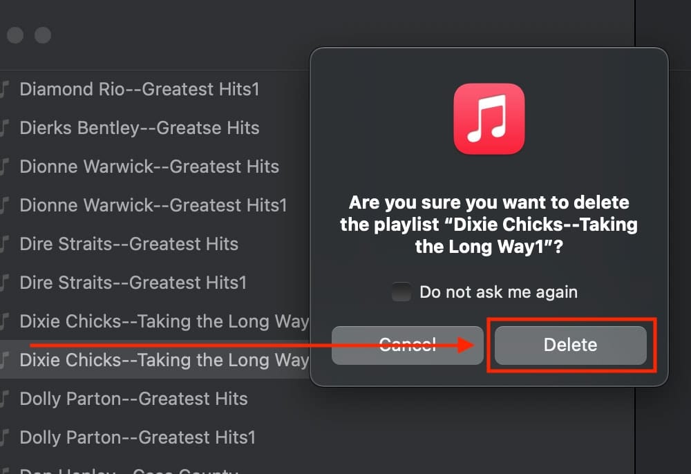 Confirming the deleteing of an Apple Music playlist
