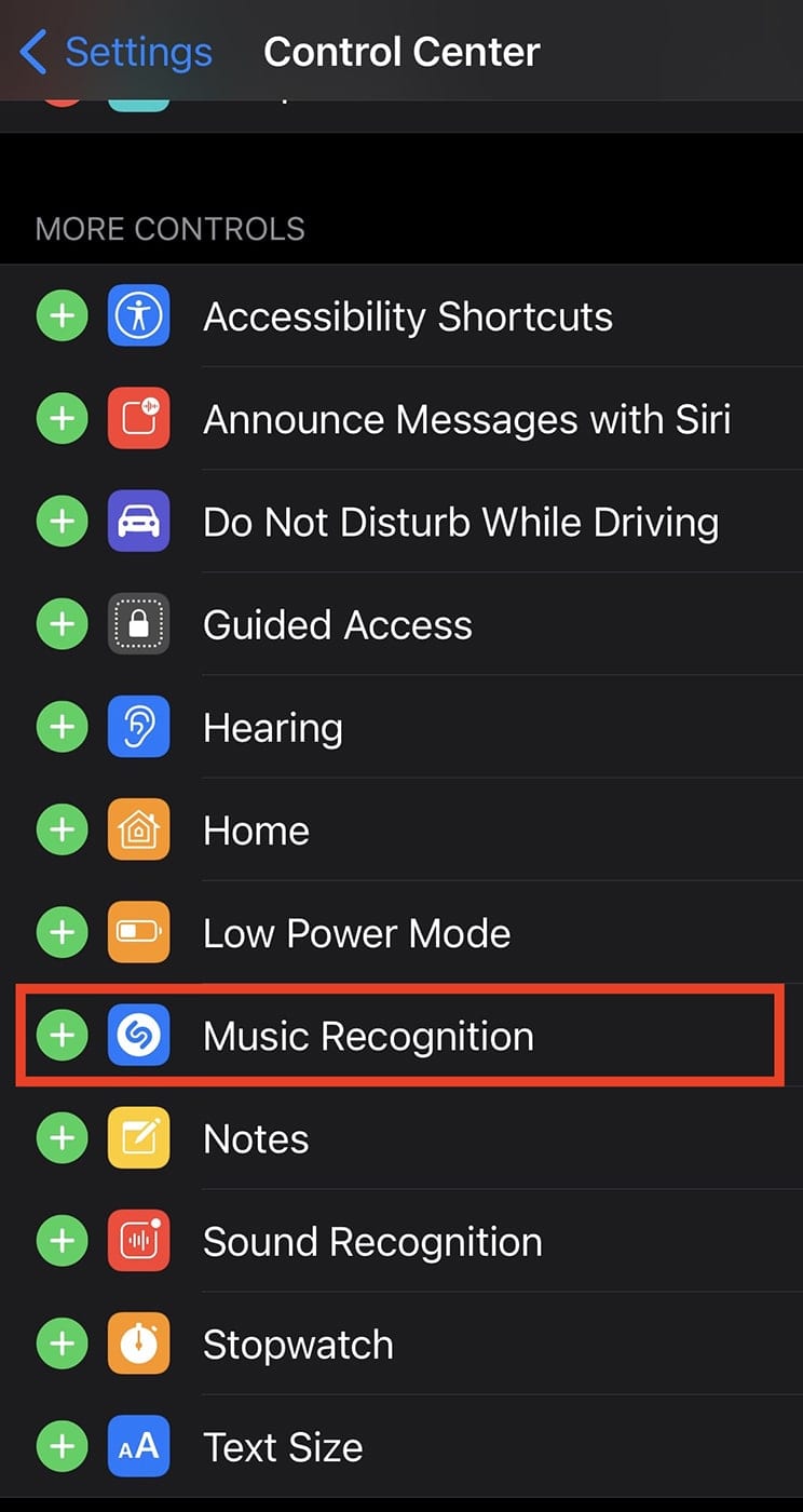List of items in iPhone iOS Control Center with Music Recognitions highlighted