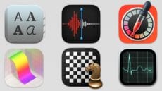 Mac app icons for Font Book, Voice Memos, Digital Color Meter, Grapher, Chess, Activity Monitor