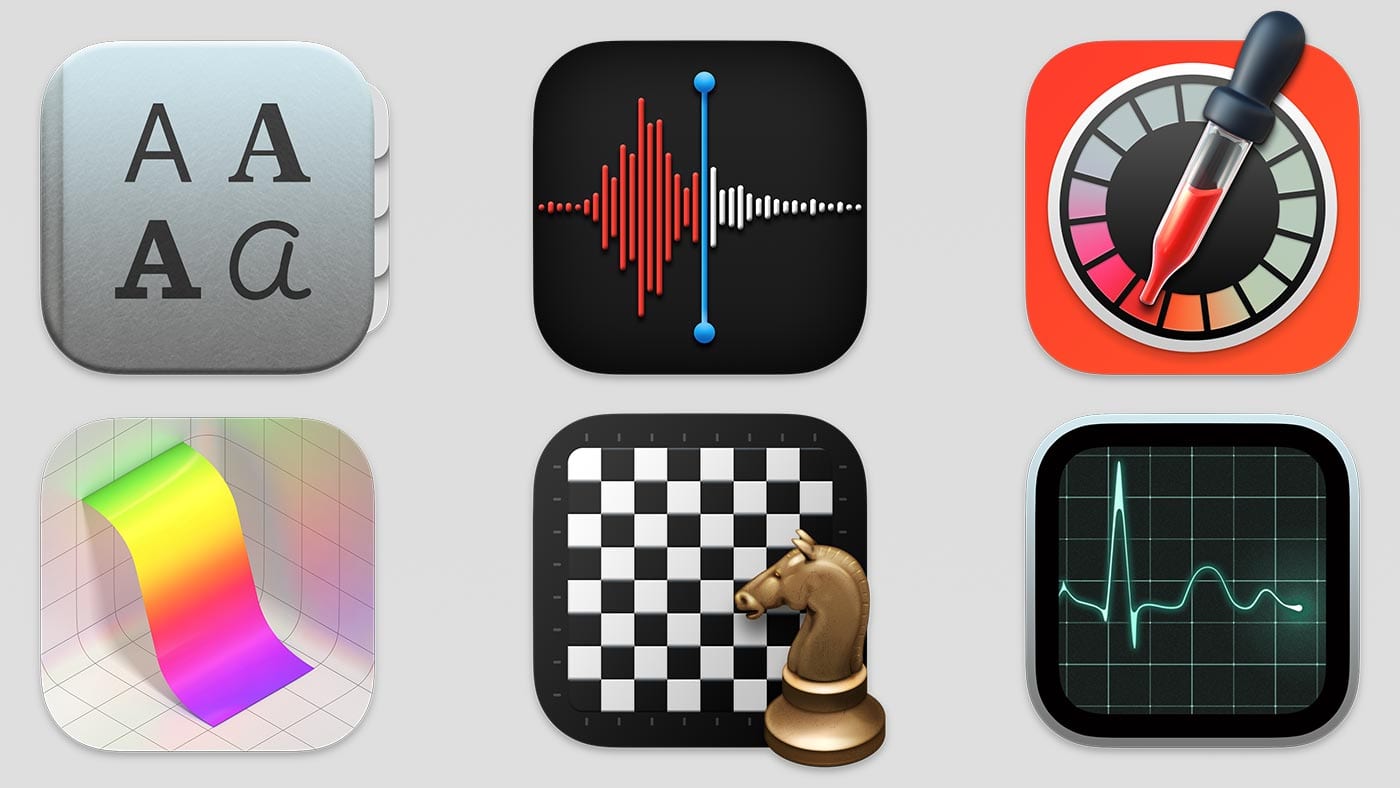 Mac app icons for Font Book, Voice Memos, Digital Color Meter, Grapher, Chess, Activity Monitor