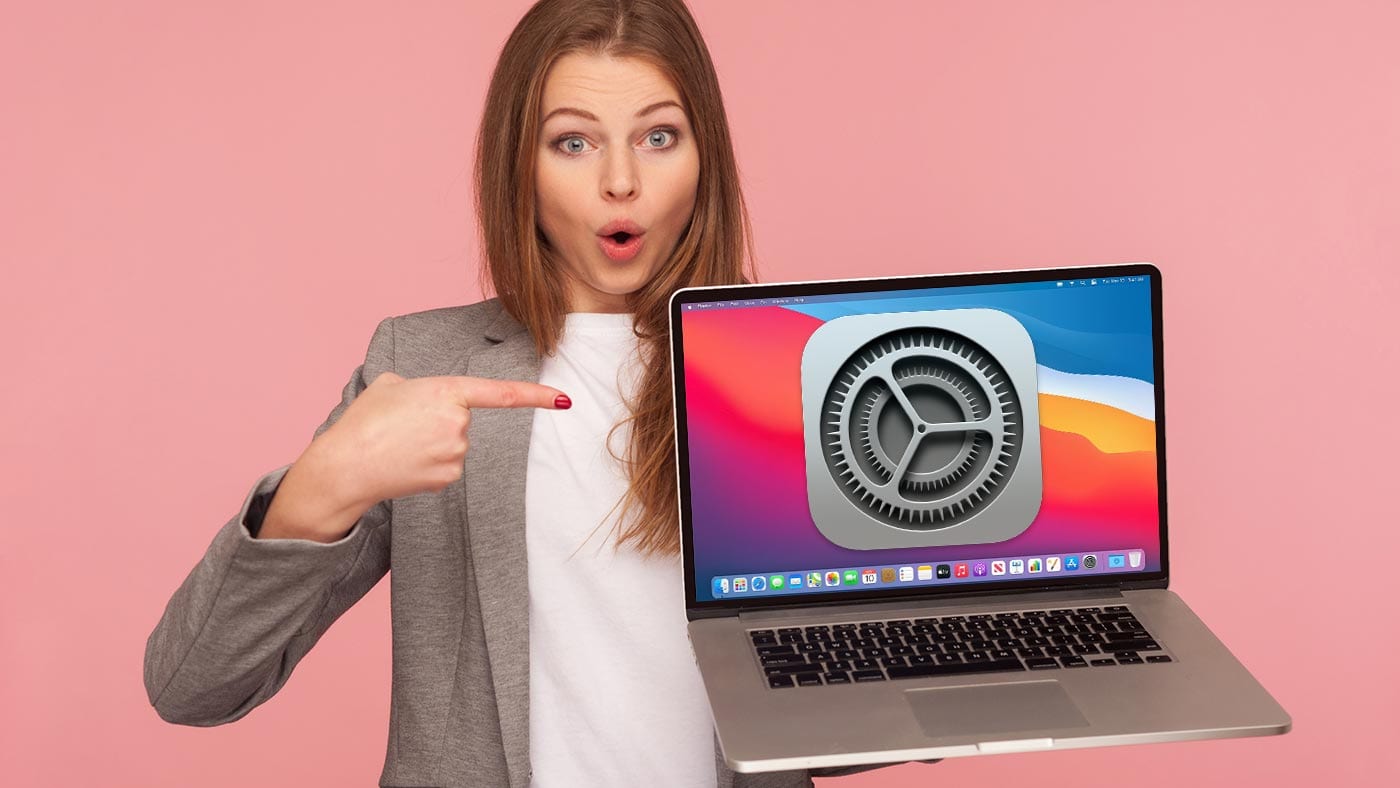 Woman pointing at a MacBook showing system preferences logo