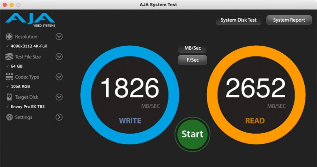 AJA read/write speed test on an M1 Mac mini