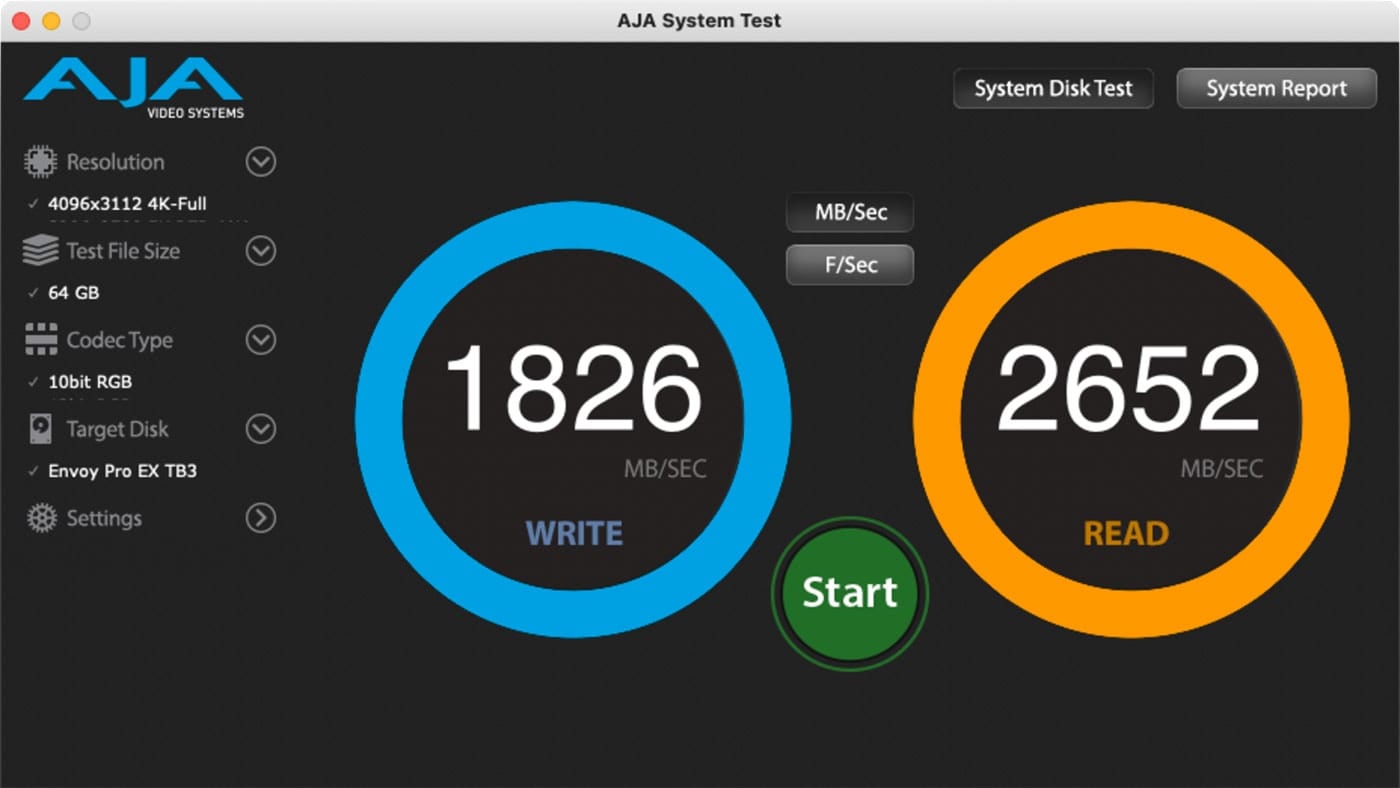 AJA read/write speed test on an M1 Mac mini