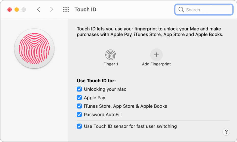 Touch ID preferences in macOS Big Sur