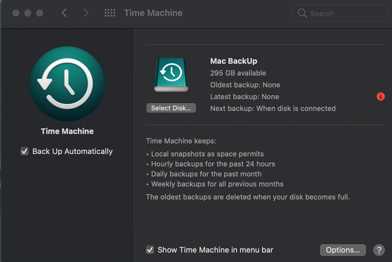 Time Machine Preferences in macOS Big Sur