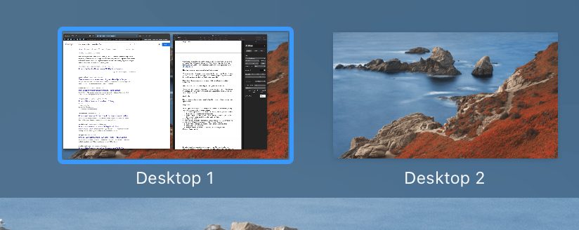Two desktop options in mission control on a mac