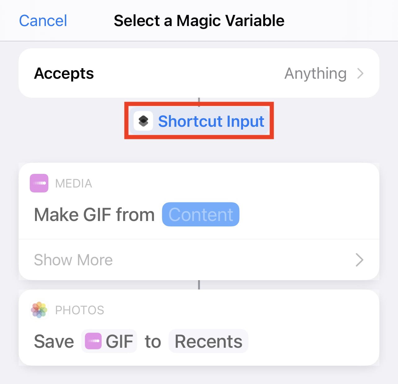 Tap Shortcut Input to pass the video to the GIF conversion function. 