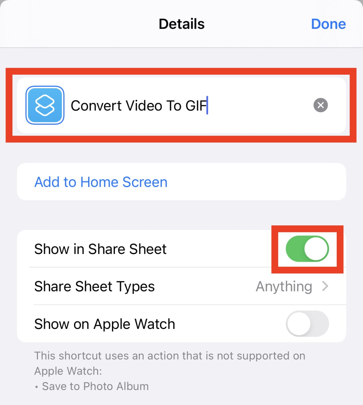 Give the Shortcut a name, and tap Show in Share Sheet