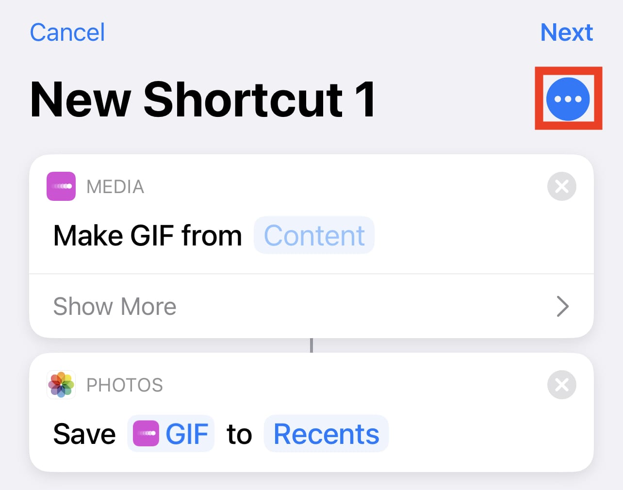 Tapping the ... button allows us to name and save the shortcut