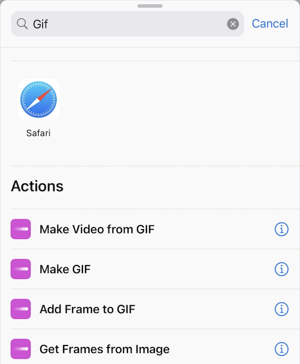 Search for GIF in the Actions search field