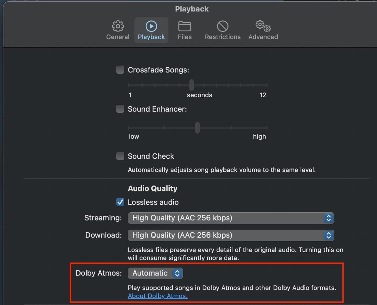 Apple music showing dolby atmos preferences