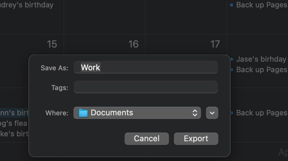 Name the calendar export file with 
"Save As"