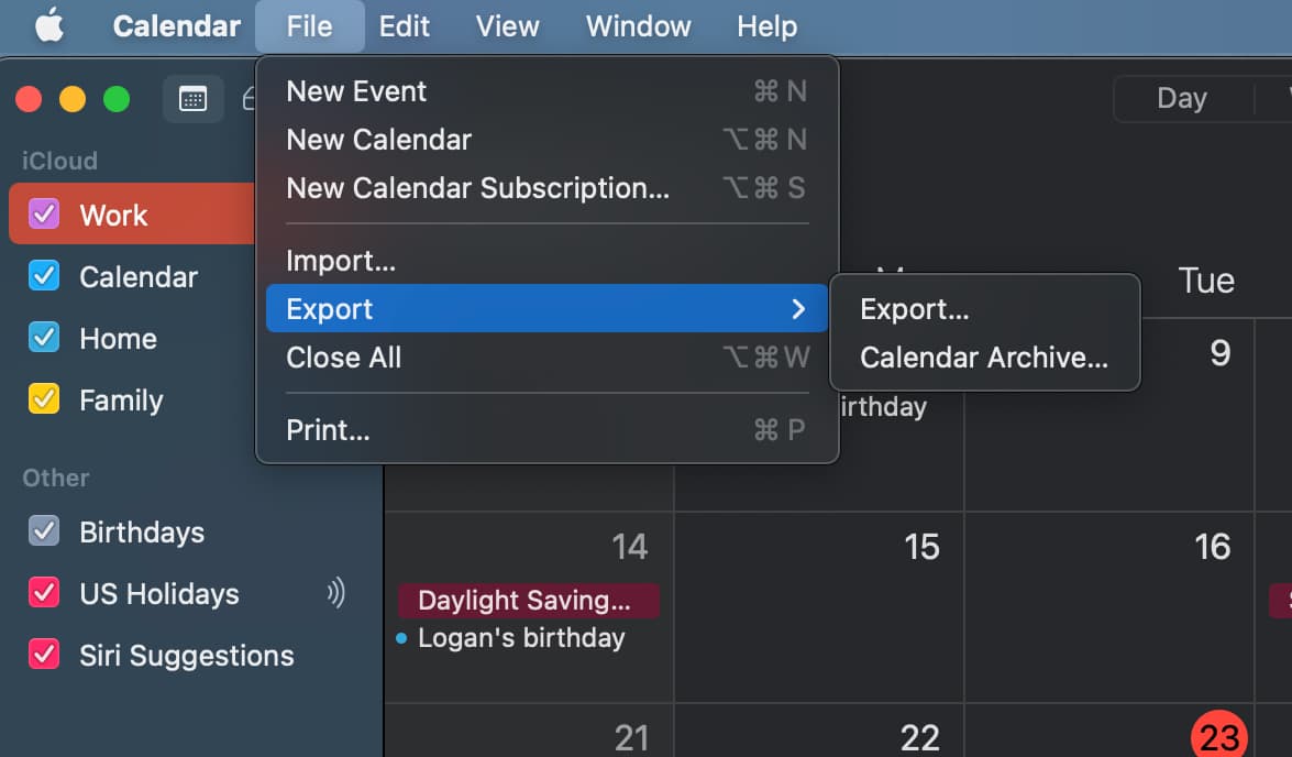 Exporting a calendar in macOS