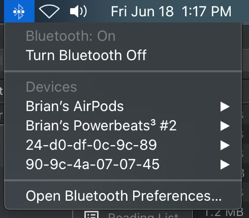 macOS Bluetooth menu bar