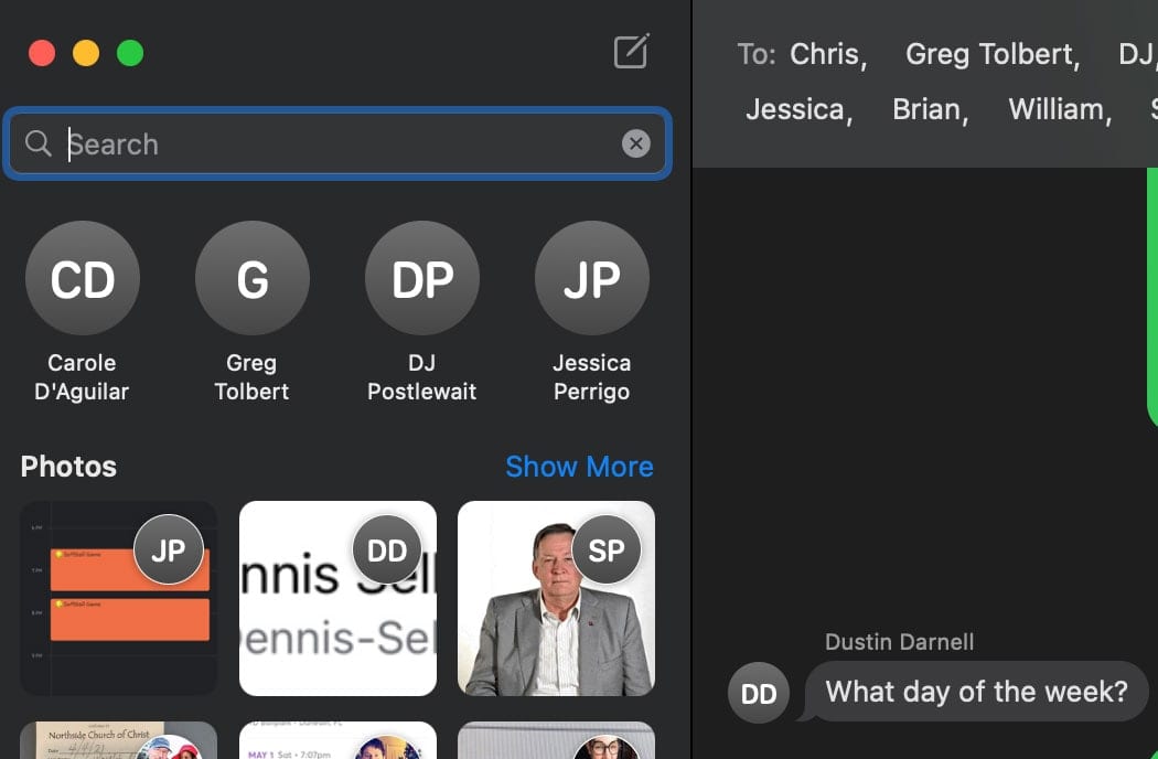 Search contacts to add a new member to macOS Messages Group