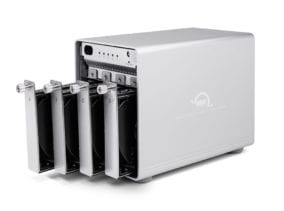The Mercury Elite Pro enclosure can host up to four hard drives in a RAID array.
