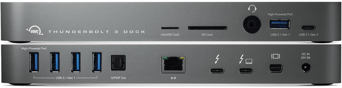 Front and back image of an OWC Thunderbolt 3 dock