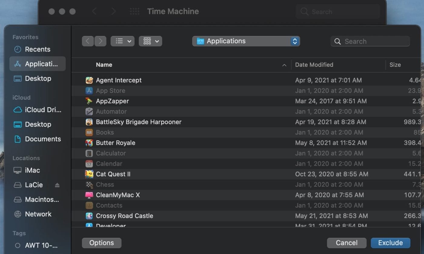 time machine exclude from backups options
